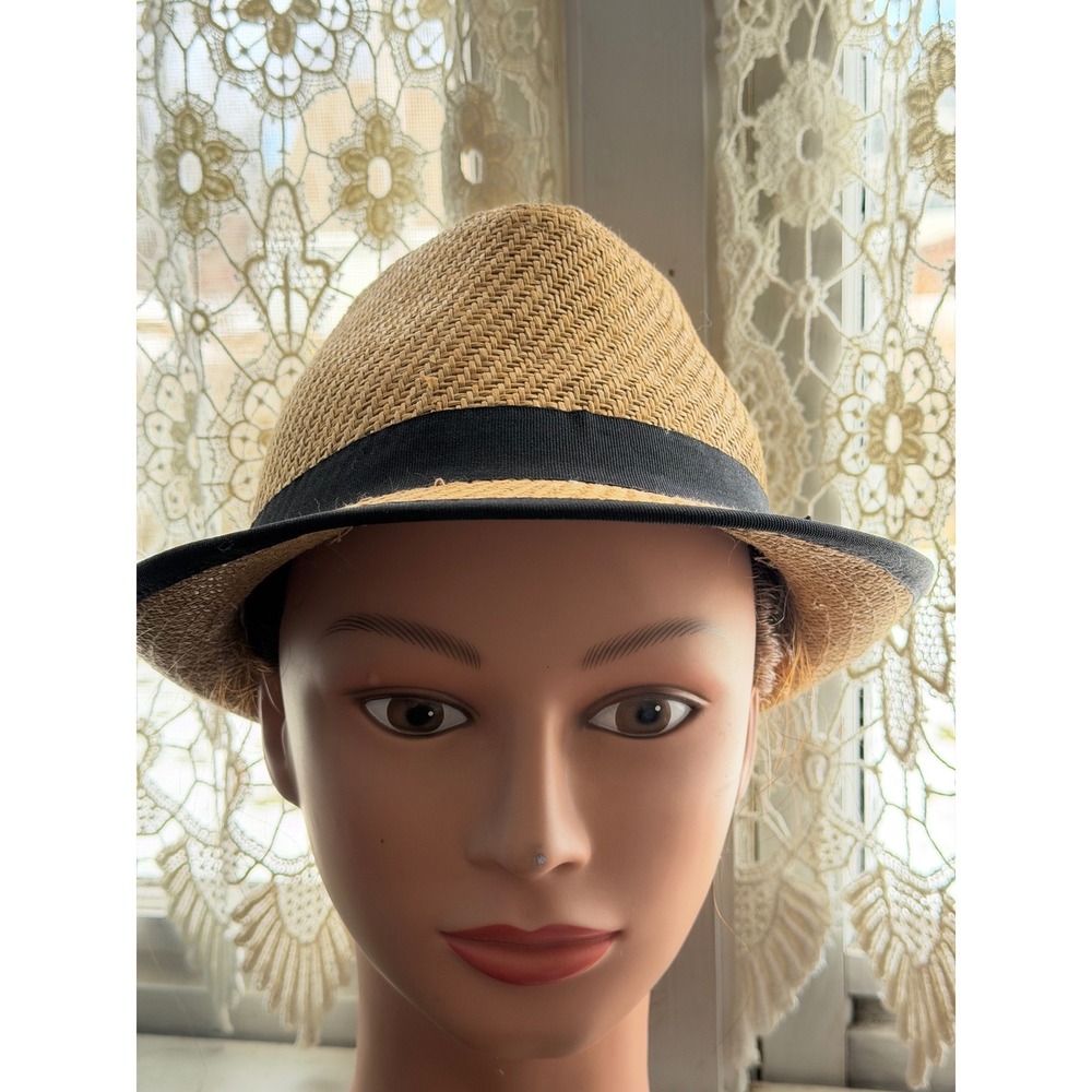 Tropical Trends Fedora Hat unisex OS‎ Tan Paper Straw Black Ribbon Band Handmade